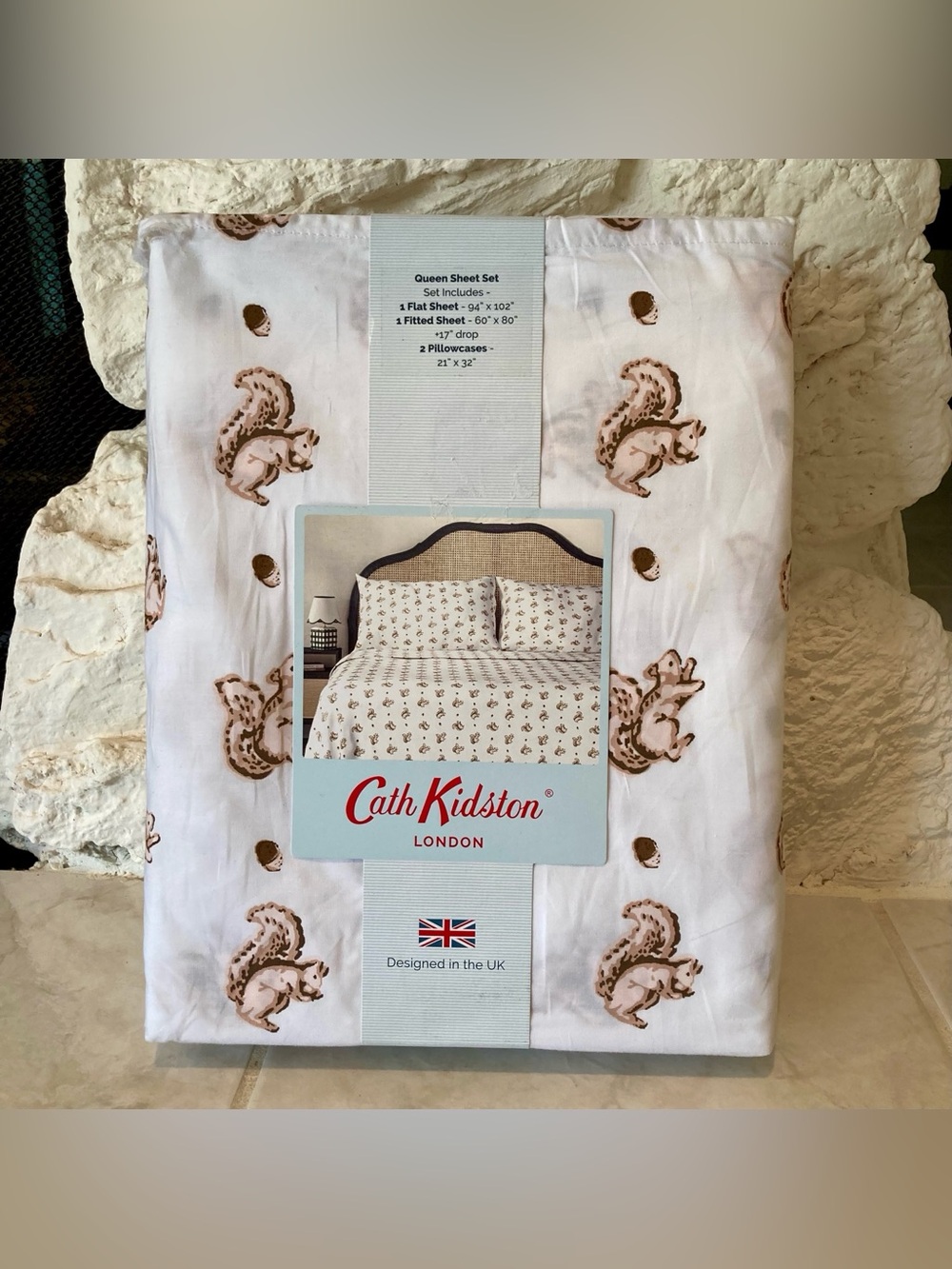 NEW Cath Kidston White and Brown Squirrel Print Queen Sheet Set
